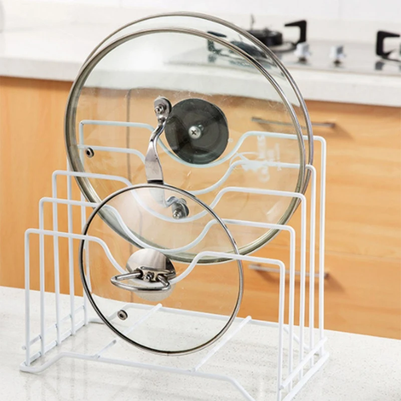 

Iron Place Pot Lid Shelf Holder Storage Tool For Kitchen Organizer Goods Pan Cover Rack Stand Spoon Kitchen Accessory White
