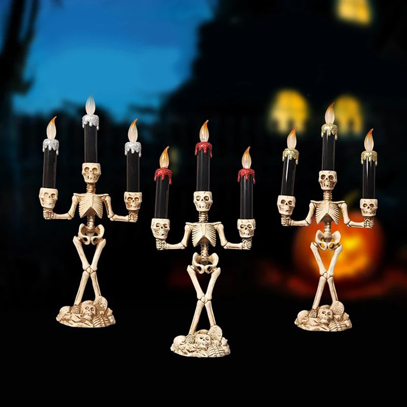 

Skull Skeleton Ghost Hand Candle Flameless Electronic Halloween 3-Candle Table Light For Scene Layout Props Festival Party Decor
