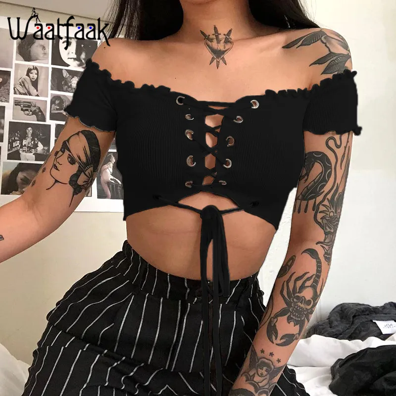 

Waatfaak Black Hole Bandage Off Shoulder Sexy T Shirt Crop Top Women Streetwear Skinny Hollow Out Tee Shirt Summer Short Sleeve