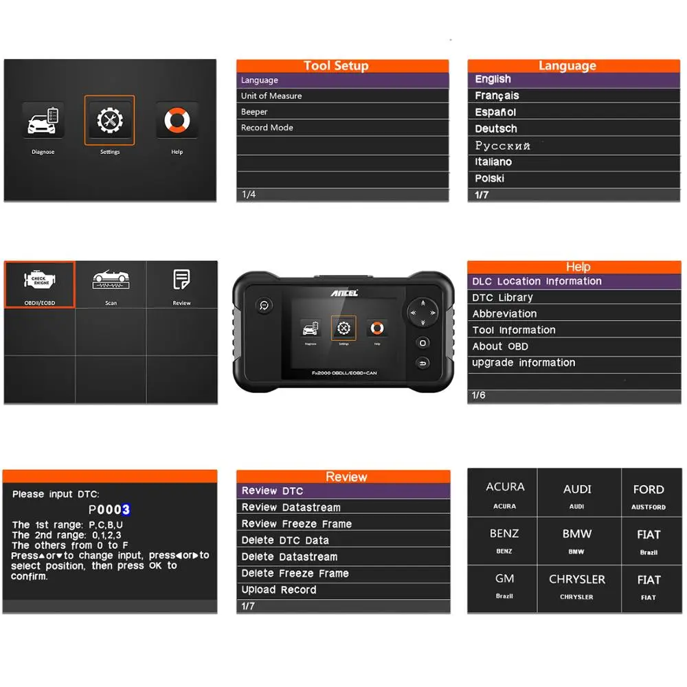 Ancel FX2000 OBD2 Автомобильный сканер антиблокировочная система тормозов система пассивной безопасности подушка коробки передач двигателя диагностический инструмент OBD 2 автомобиля Профессиональные Авто диагностический сканер инструмент