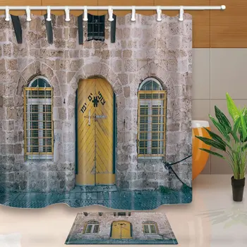 

Wooden Door Locked of Stone House Shower Curtain Suit With Flannel Non-Slip Floor Doormat Bath Rugs