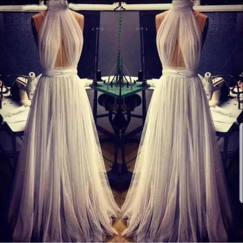 

Fashion Ivory Long Evening Formal Dresses Sexy Halter A Line Simple Pleated Tulle Special Occasion Prom Party Gown Custom Made