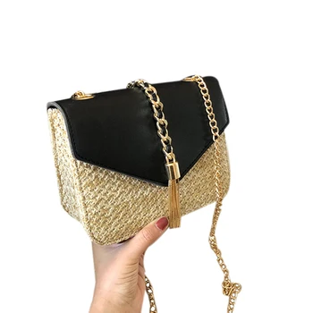 

Fringed Chain Small Flap Bag For Women Straw Crossbody Bags Ladies Summer Messenger Shoulder Handbags And Purses