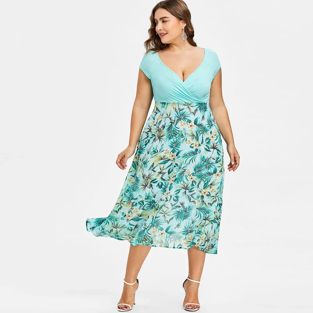 

vestidos verano 2018 Summer dress women Bohemian V Neck Wrap Chiffon Short Sleeve Plus Size Dress Midi Dresses Beach Sundress