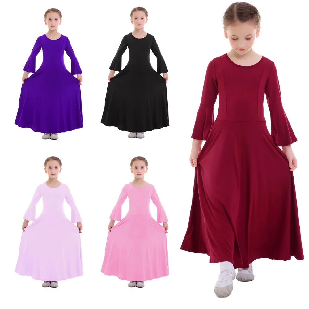 

Children Girls Praise Dress Liturgical Lyrical Praise Dance Dress Bell Sleeve Praisewear Pleated Long Dress for Kids Girls 3-14Y