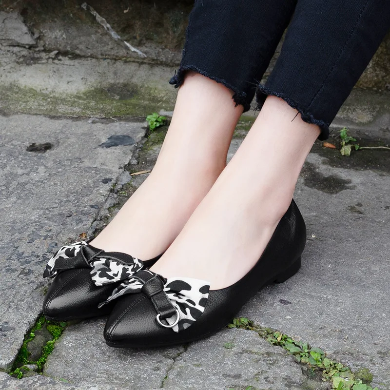 

Women Loafers Lepoard Pattern Low Heels White Casual Shoes Lady Spring 2019 Bowknot Fashion Handmade Genuine Leather Women Flat