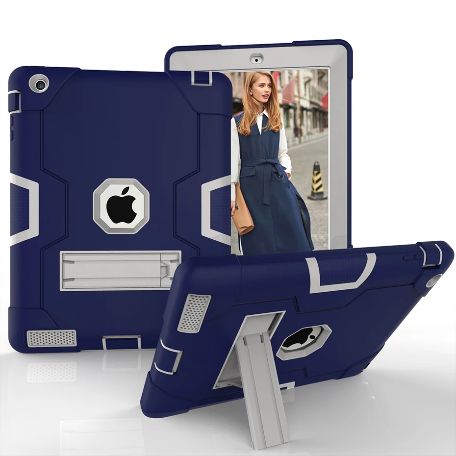 Полный ударопрочный чехол для Apple iPad 4 3 2 9,7 дюймов дети Безопасный Роскошный силиконовый Жесткий ПК прочный корпус чехол для iPad 4 3 2 - Цвет: Pad4 B Navy Grey