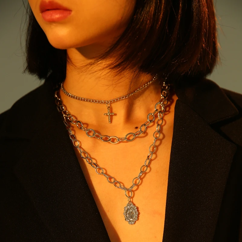 

Lalynnlys Bohemian Ethnic Jesus Cross Multi-layer Necklace Women Rhodium Chain Choker Necklace Statement Jewelry 2019 New N68781