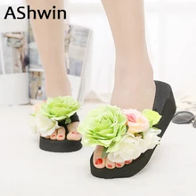 AShwin/женские домашние тапочки ручной работы с цветами; пляжная обувь; шлепанцы на танкетке; дешевая обувь; женские Гавайские сабо в богемном стиле