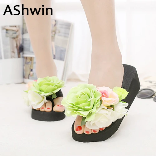 

AShwin handmade flower slippers women slippers beach shoes wedge platform slipper cheap shoes woman bohemia hawaiian mules clogs
