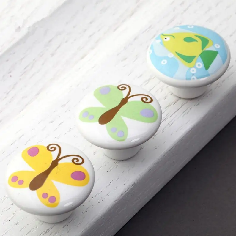 

Animal Handles Children's Door Knobs Butterfly Fish Knob Ceramic Dresser Pulls Knob Drawer Pulls Cabinet Knobs Decor