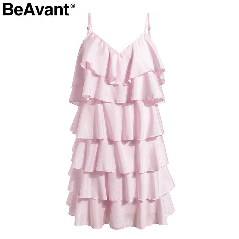 BeAvant многослойное летнее платье с рюшами, женское шифоновое короткое платье на бретельках с открытой спиной, повседневное праздничное платье, vestidos - Цвет: Pale pink