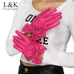 Длинные Хранитель Искусственная кожа перчатки для Для женщин бантом женские Танцевальная вечеринка в стиле панк перчатки полный палец