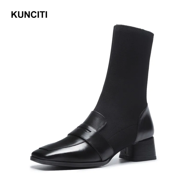 

2019 KUNCITI European Stretch Knitting Sock Boots Women Square Toe Med Heel Shoes Woman Chic Ankle Booties New Designer D917