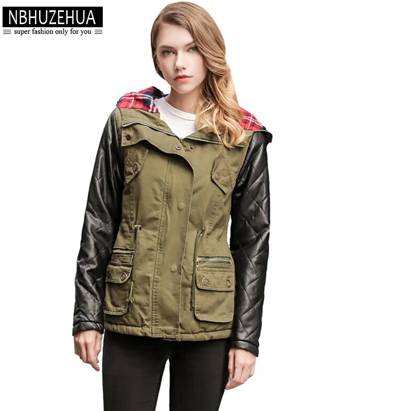 

NBHUZEHUA Plus Size Winter Women Coat 2017 New Ccotton Pu Stitching Hooded Long Padded Casual Slim Femme Parka Mujer Jacket 459