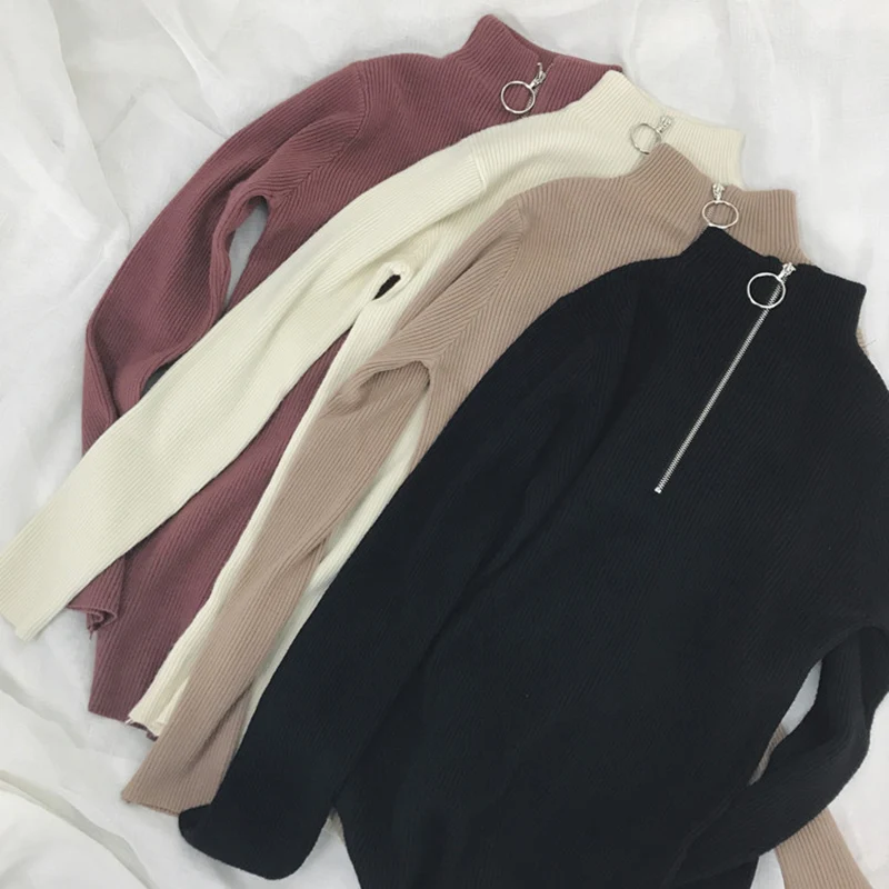 Zipper Half Turtleneck Pullovers Women Sweater Long Sleeve Skinny Elastic Knitted Femme Solid Spring Jumper High Quality Tops Zipper Half Turtleneck Pullovers Women Sweater Long Sleeve Skinny Elastic Knitted Femme Solid Spring Jumper High Quality Tops