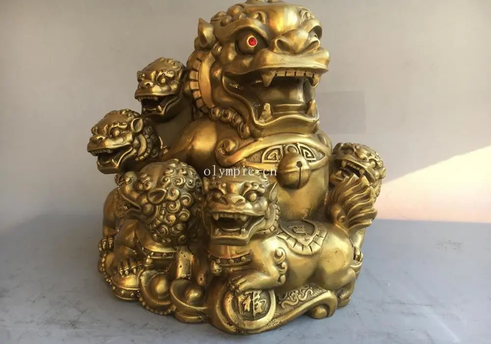 10'' brass folk fengshui decor auspicious beast treasure six fu foo dogs lion | Дом и сад