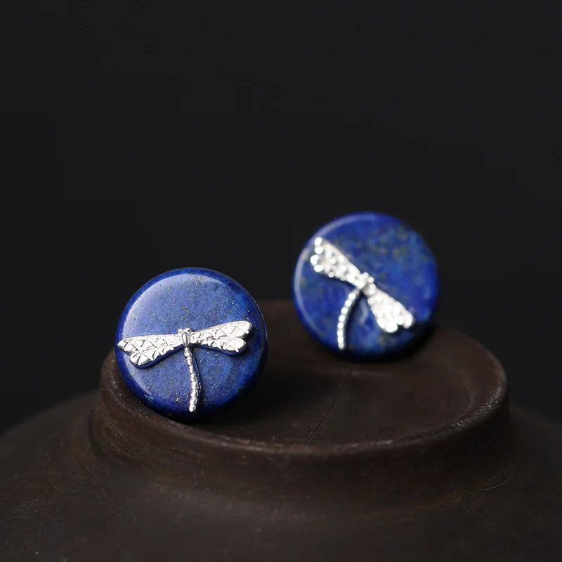 

Natural Lapis Lazuli Stone Dragonfly Sterling Silver Stud Earring Women Handmade Original Designer Jewelry Elegant Vintage Style