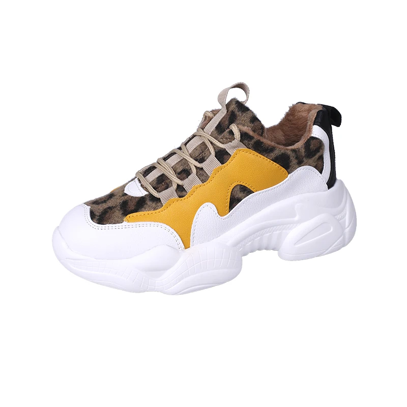 

2019 Women's Vulcanize Shoes Lace Up Platform sneakers Fashion High Heels Round Toe leapord Women Shoes Size 40