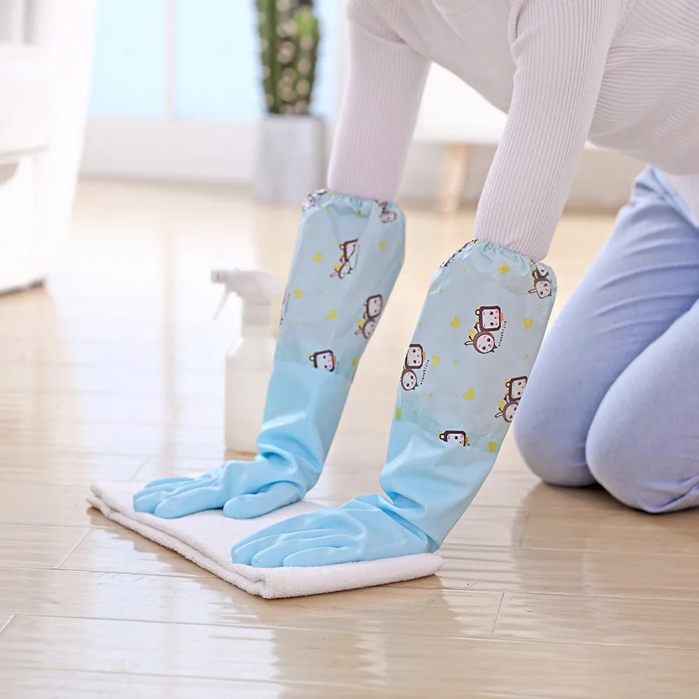 1 Pair Kitchen Elastic Band Long Sleeves Cleaning Gloves with Velvet