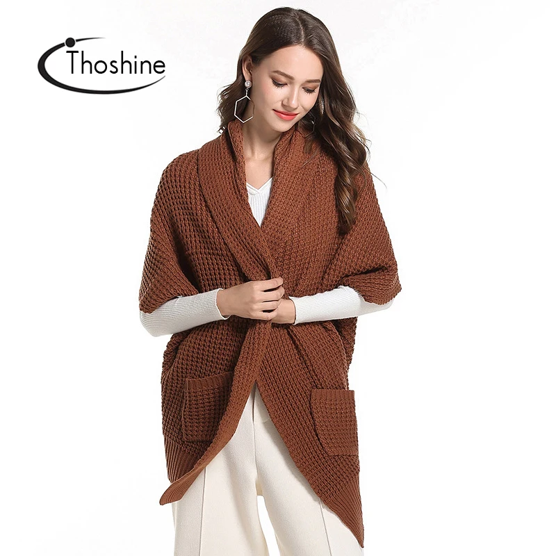 Thoshine Brand Spring Autumn Women Knitted Sweaters Solid Color Turn-Down Collar Pockets Cardigan Half Sleeve Jumper Open Stitch |