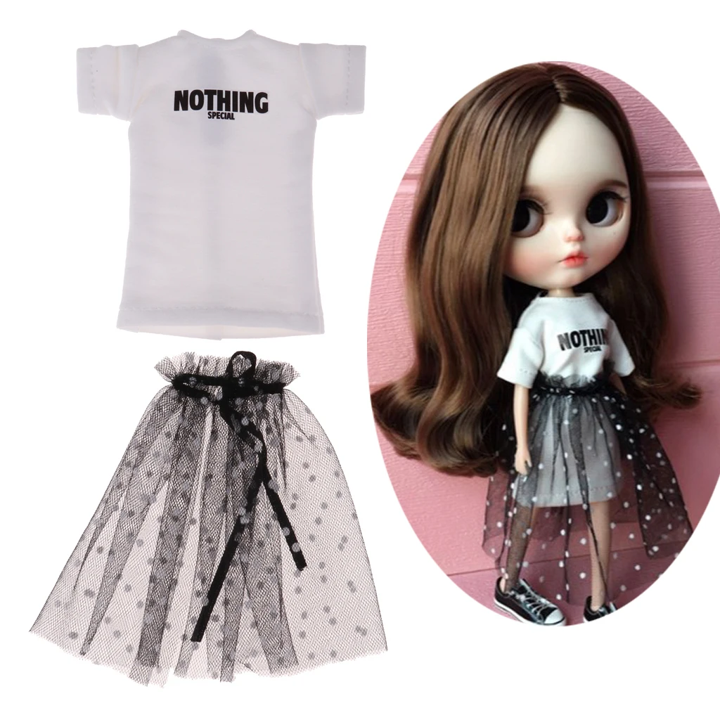 Stylish Long T-shirt Polka Dots Gauze Skirt Set for Blythe Azone Licca Dolls Clothing Accessories