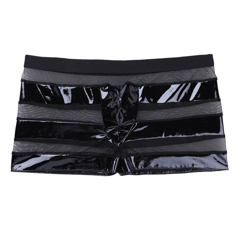 Mens Bulge Pouch Sexy Underwear Lingerie Wetlook Faux Leather Mesh Patchwork Stripe Boxer Shorts Costumes Gay Male Panties