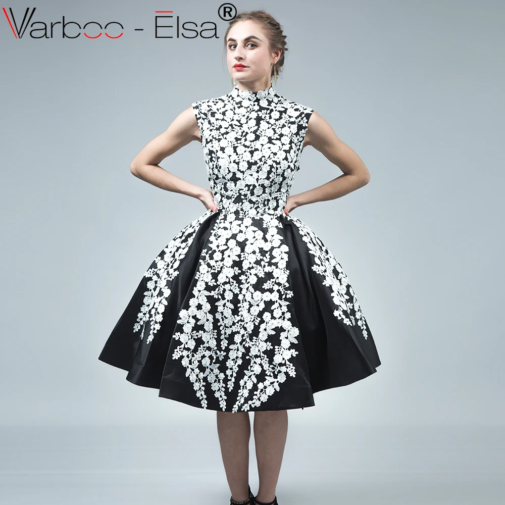 

VARBOO_ELSA Elegant High Neck Lace Appliques Prom Dress Knee-Length Sleeveless Evening Dress Black Satin Party Ball Gown Custom
