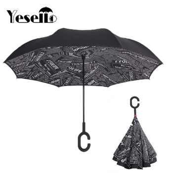 

Yesello Alphabet Folding Reverse Umbrella Double Layer Inverted Windproof Rain Car Umbrellas Women Character C-handle Umbrella