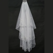 2 T Белый бисером край жемчужные блестки свадебная вуаль с расческой