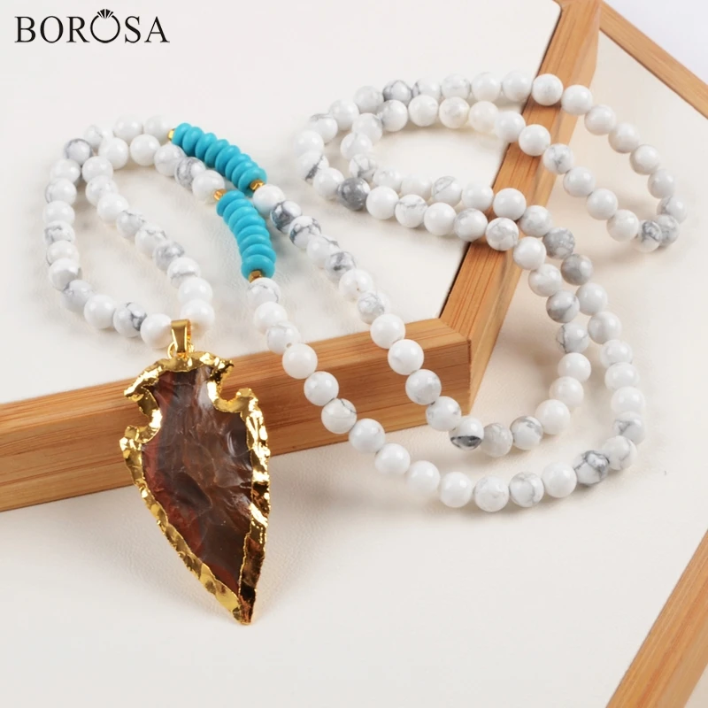 

BOROSA 30inch Gold Color Natural Arrowhead Jaspers Necklace with 5&6mm Howlite Turquoises Beads Handmade Jewelry