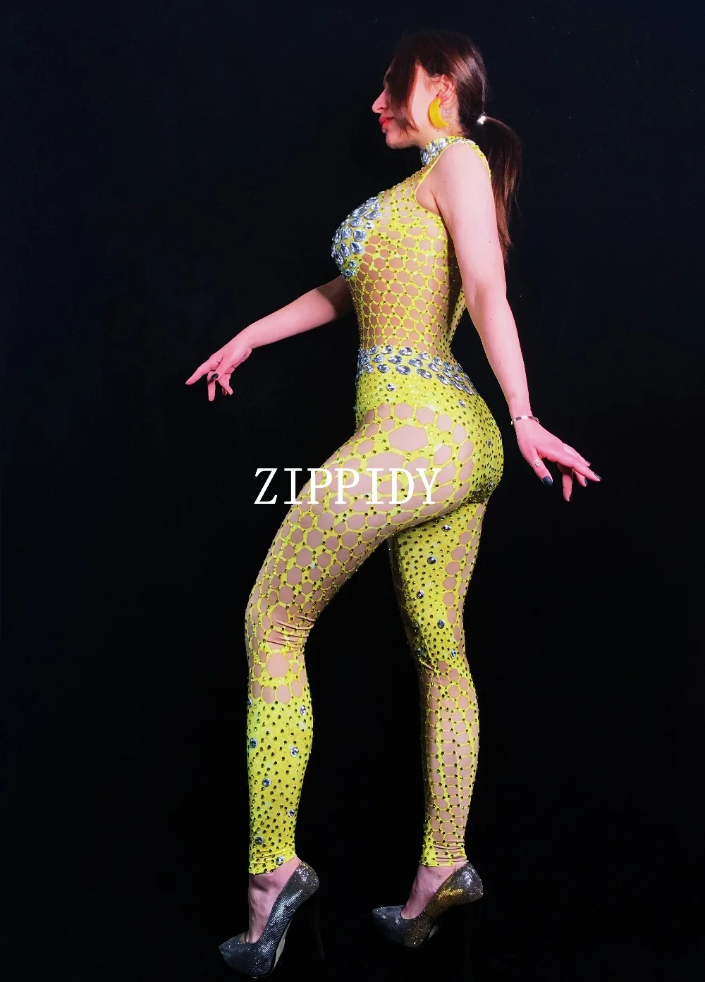 Сексуальный желтый дизайн комбинезон с камнями женский день рождения, празднование боди для женщин певица танцор мода стрейч Леггинсы наряд