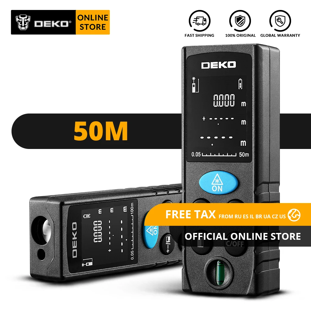 Online Original DEKO LRD110 medidor de distancia láser de mano 50M Digital de doble medida telémetro láser distancia área volumen pitagórico