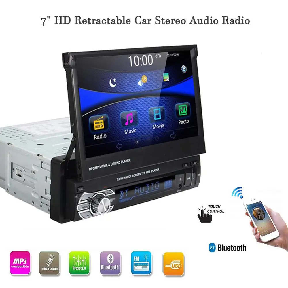 Автомобильный стереорадио Bluetooth 1DIN 7 дюймов HD выдвижной сенсорный экран монитор DVD MP5 SD FM USB плеер камера заднего вида авто