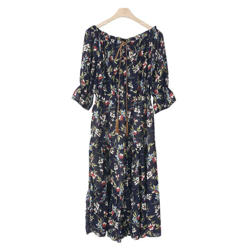

New Floral Print Chiffon Women Dresses Lace Up Slash Neck Off the Shoulder Lantern Sleeve Tunic Beach Plus Size vestidos ZD1096