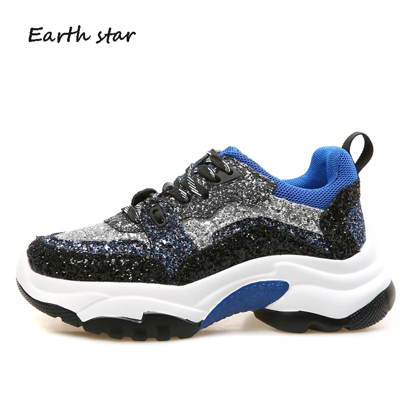 Повседневная обувь Женские модные брендовые Блестящие Кроссовки Высокая