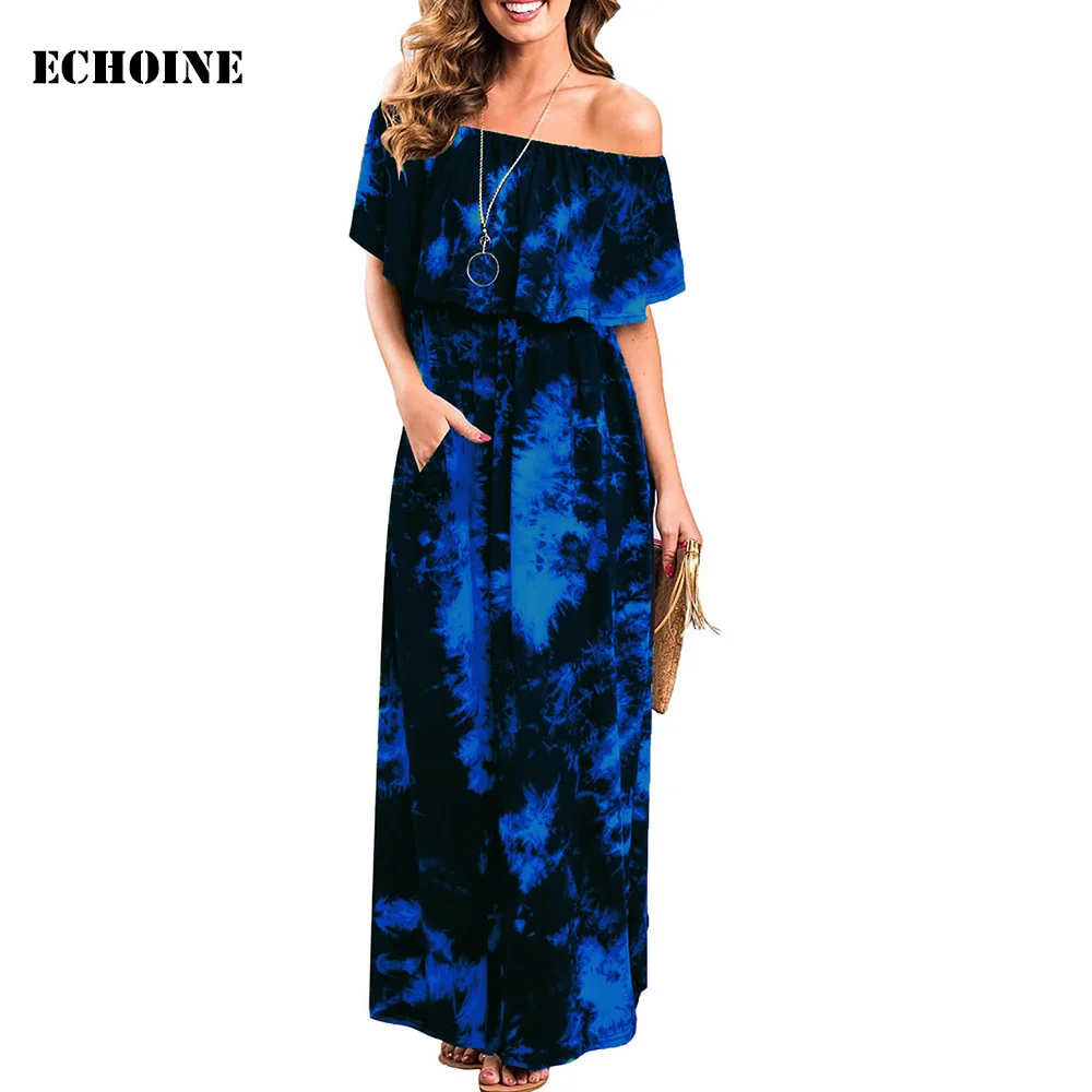 

Summer Women Tie Dye Print Slash Neck Off-shoulder Maxi Dress Slim Elegant Boho Dress robe longue femme Sundress Vestidos Pocket