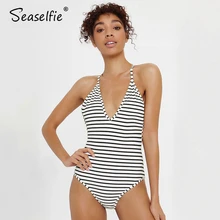 Seasuelfie, черный, белый, в полоску, с принтом, Цельный купальник, женский, сексуальный, v-образный вырез, крест, купальник,, пляжный, для купания, крест накрест, монокини
