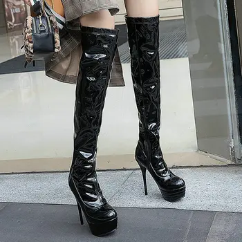 

Fashion Patent Leather Platform Over The Knee Boots Women Zipper Thigh Boots Comfort Round Toe Thin Heel Autumn Winter Boots