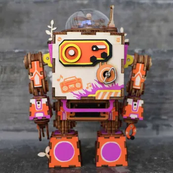 

3D Puzzle DIY Movement Assembled Wooden Jointed Robot Model for Children Music Box