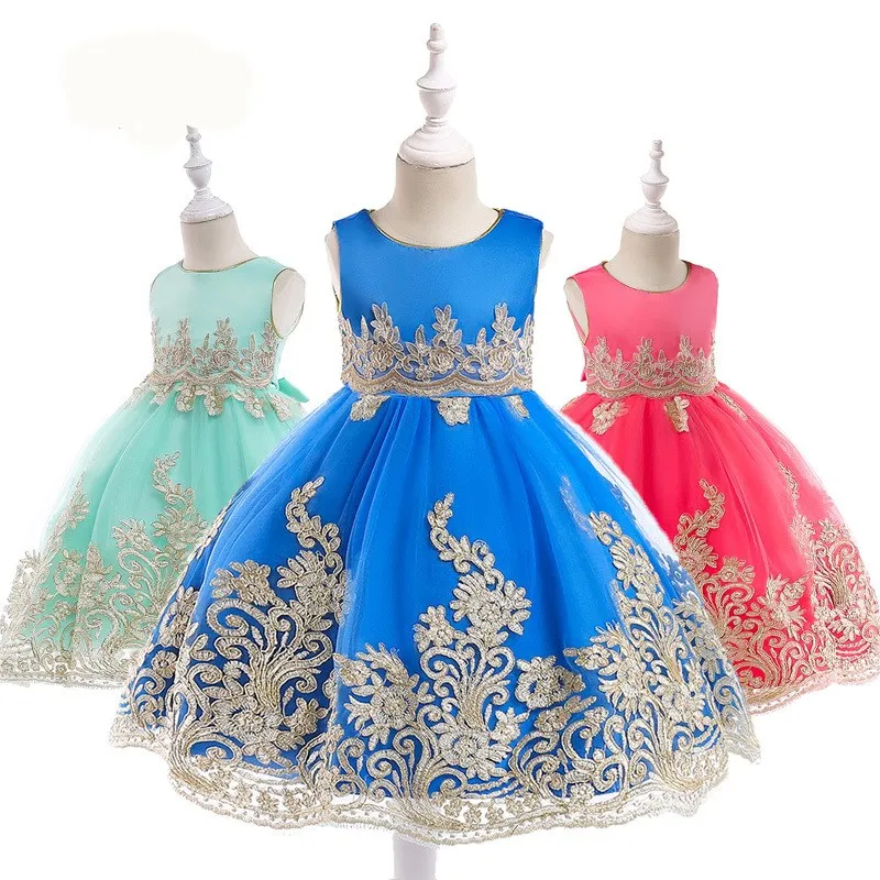Baby Gold Thread Embroidered Princess Dress for Girl Formal Satin Flower Birthday Party Girl's Christmas Clothes | Детская одежда и