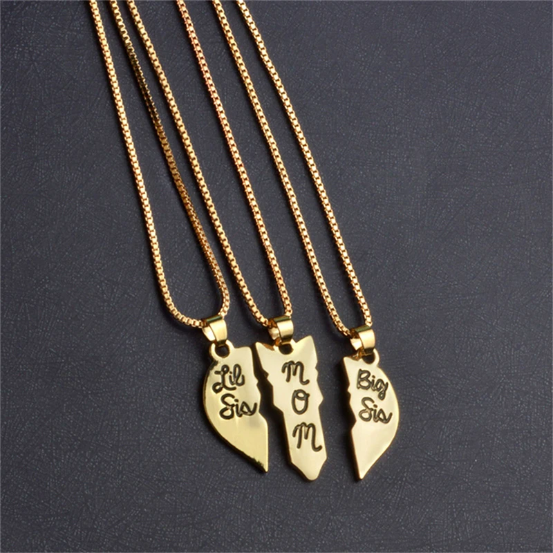 3 Pcs/Set Heart Pendant Family Necklace Jewelry Lettering Necklaces For Women "Little Sis MOM Big Sis" Love