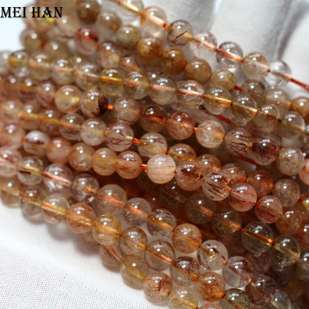 

Meihan Free shipping (48 beads/set) natural 7-7.5mm Brazil copper rutilated quartz smooth round beads for jewelry making