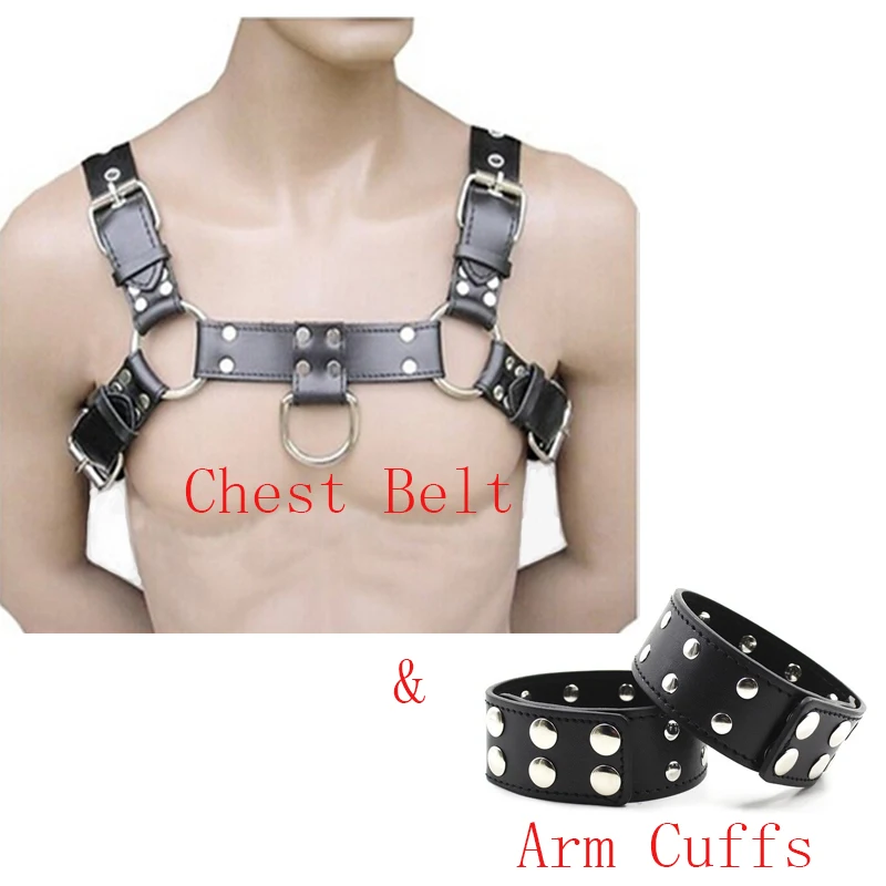 

Men's Sexy Bondage PU Leather Chest Harness Belt Gay Buckles Fetish Clubwear With Arm Cuffs Adults Sex Toys For Men