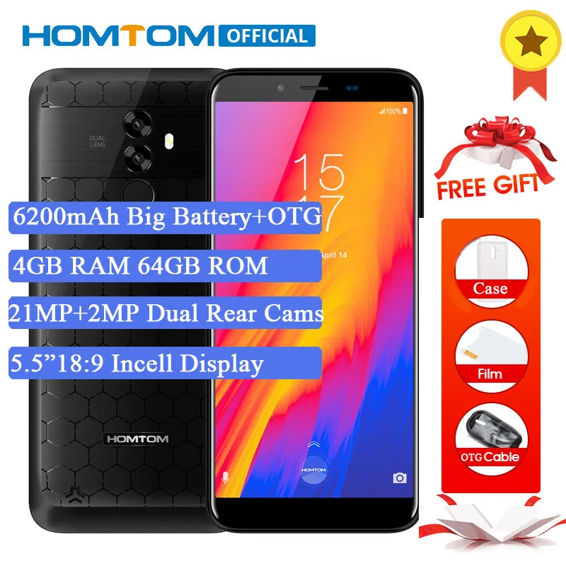 

Original HOMTOM S99 5.5"Incell HD+ 18:9 Mobile Phone Android 8.0 MTK6750T Octa Core 4GB RAM 64GB ROM 6200mAh Battery Face ID OTG