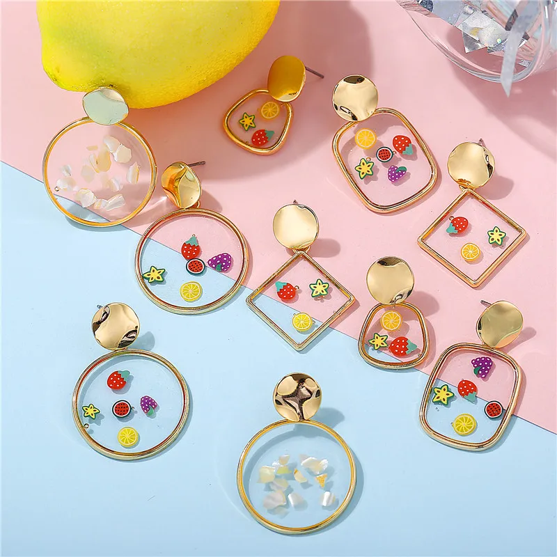 

2019 New Geometric Acrylic Korean Dangle Earrings For Women Fashion Gold Color Fruit Print Round Drop Earrings Brincos