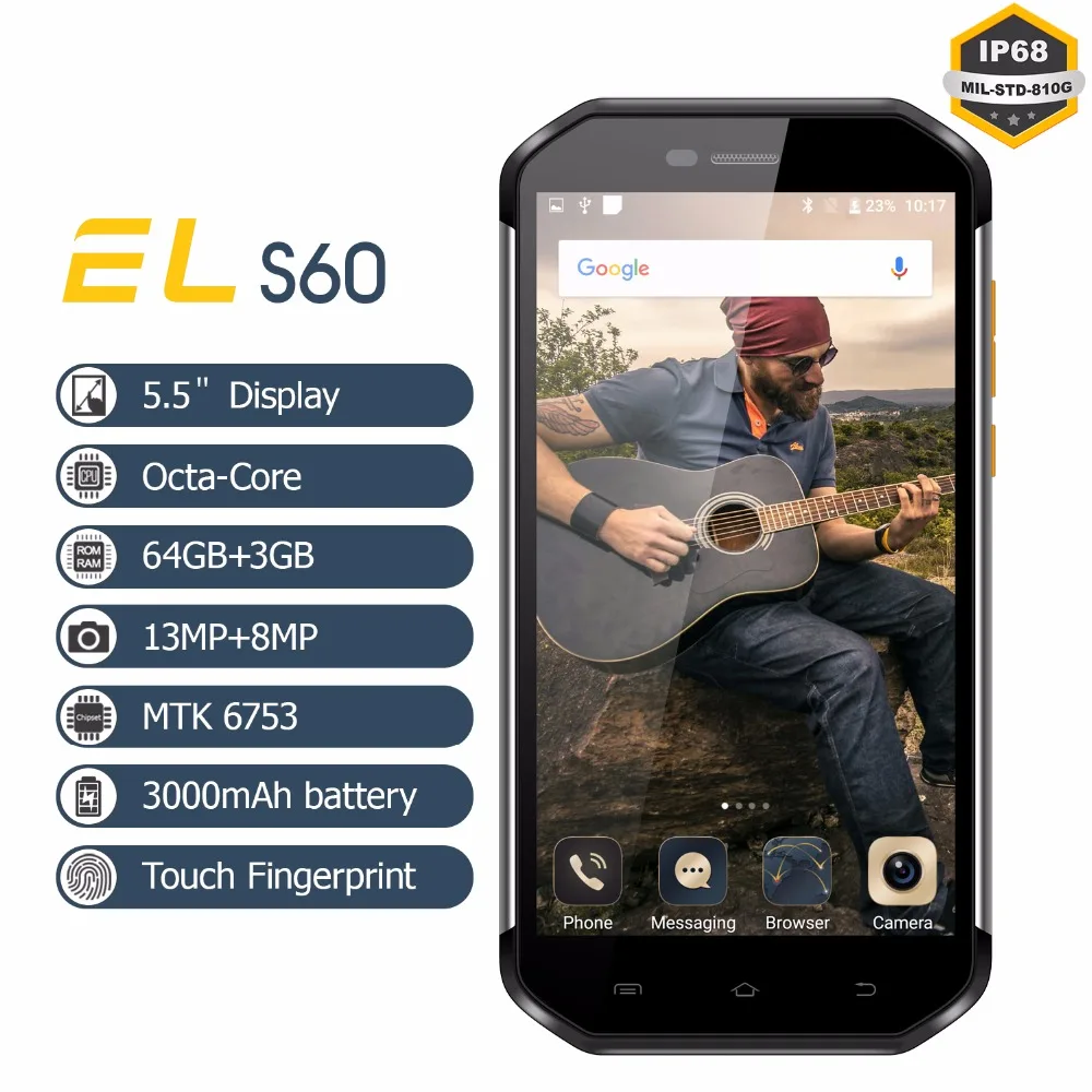Оригинальный EL S60 прочный телефонов Водонепроницаемый противоударный IP68 смартфон 5.5 "Full HD IPS Dual SIM отпечатков пальцев 3 ГБ + 64 ГБ