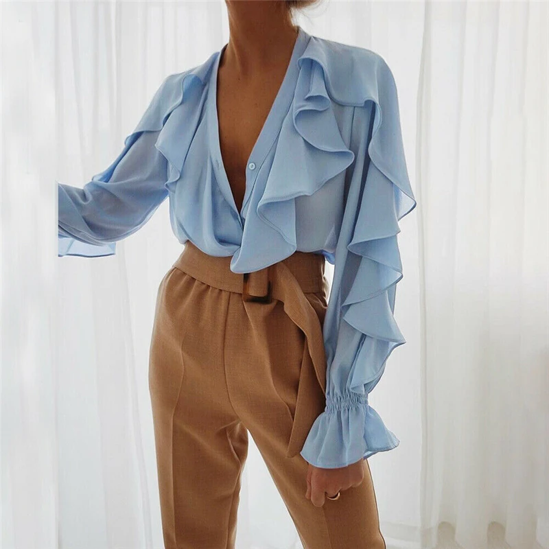 

Fashion Women Chiffon Lantern Sleeve Loose Shirt Solid Top Summer Blouse Tops
