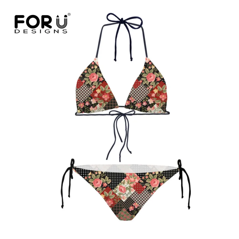 

FORUDESIGNS Hot Sale Women Print Bikini Sets Retro Flower Swimwear Bathing Suit Polka Dot Bikini Women Padded Bra Push Up String