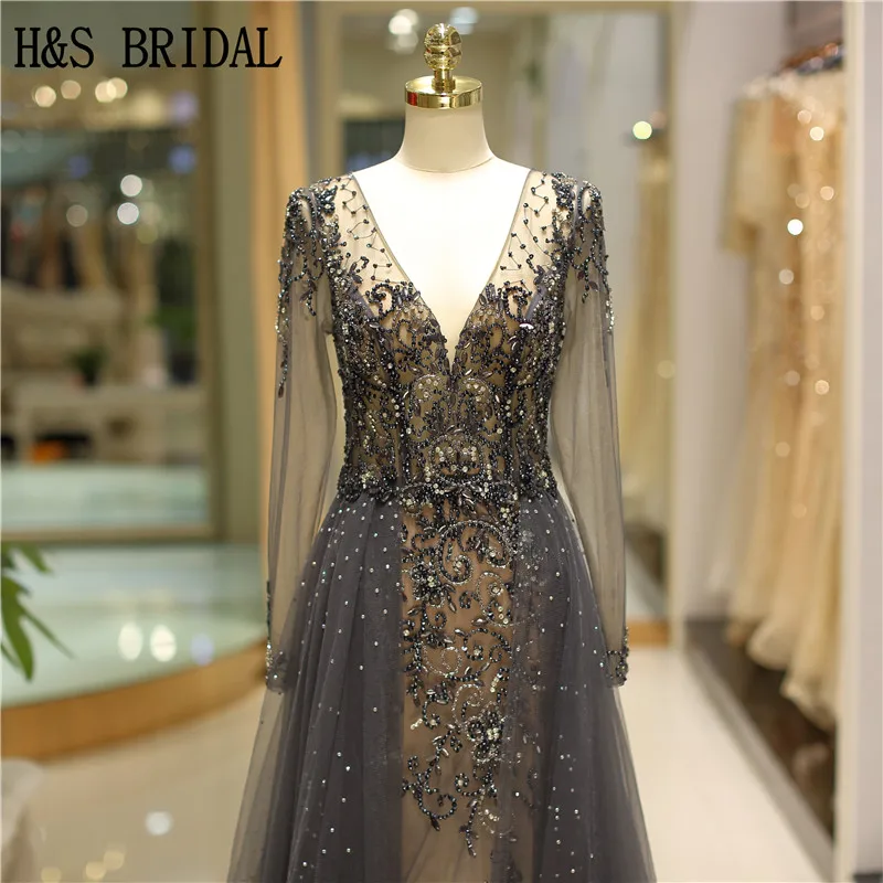 H& S свадебное вечернее платье с длинным рукавом и v-образным вырезом, сексуальное вечернее платье с бисером для мамы, вечерние платья es vestidos de fiesta